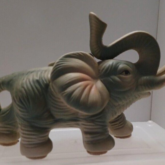 Vintage Pair Of Ceramic Figurine Elephants 10" Textured Trunk Up For Good Luck - Picture 10 of 15